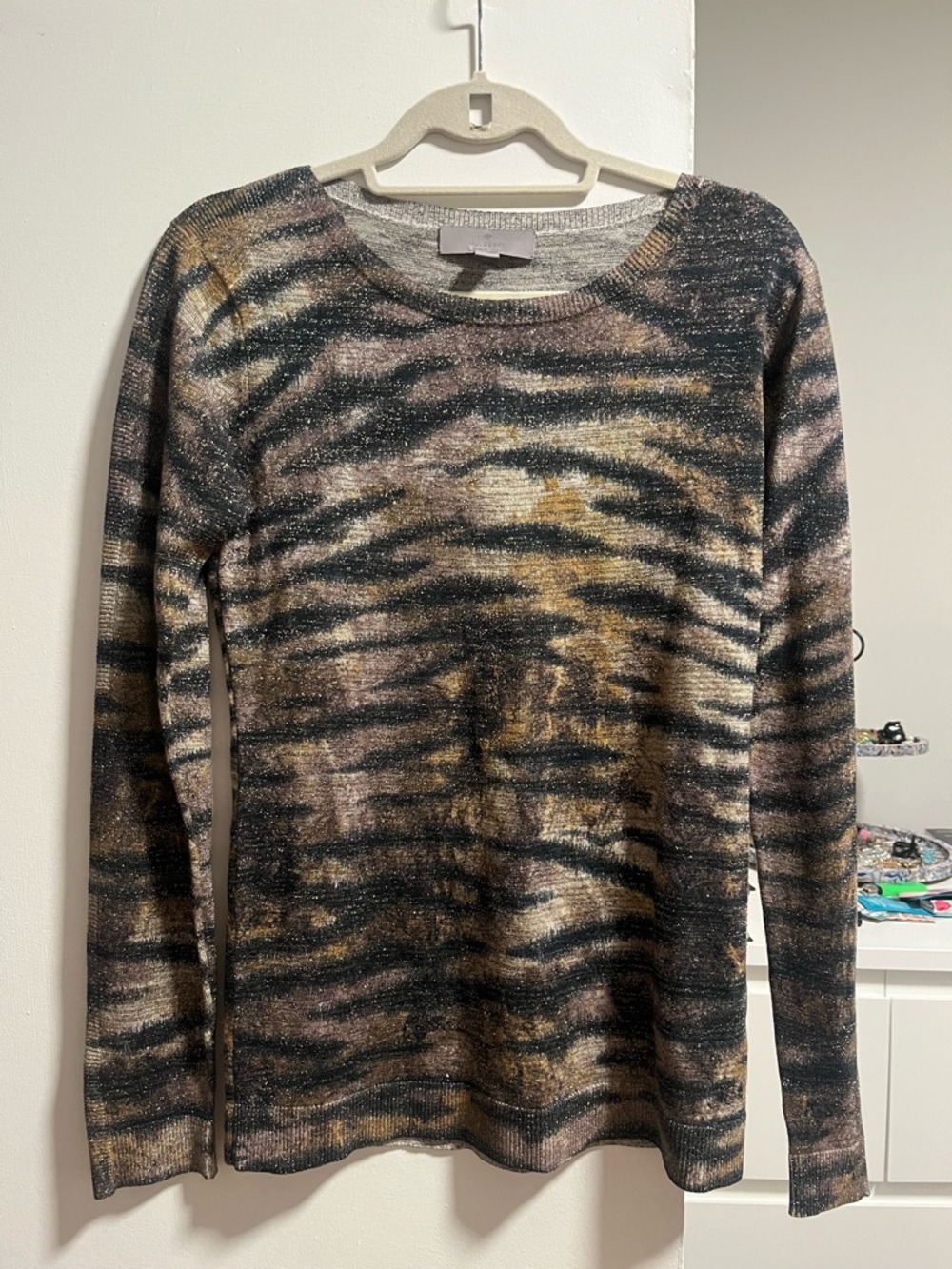Mulberry Metallic Animal-Print Scoop Neck Sweater — Black, Brown & Cream